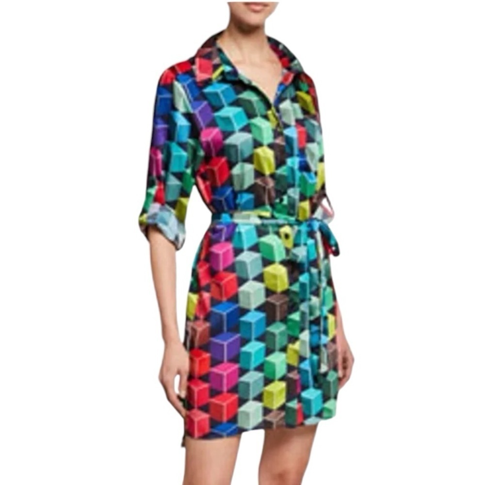 MILLY Button Up 3/4 Sleeve Cube Print
Mini Shirt Dress Shirtdress Italy Size M L
